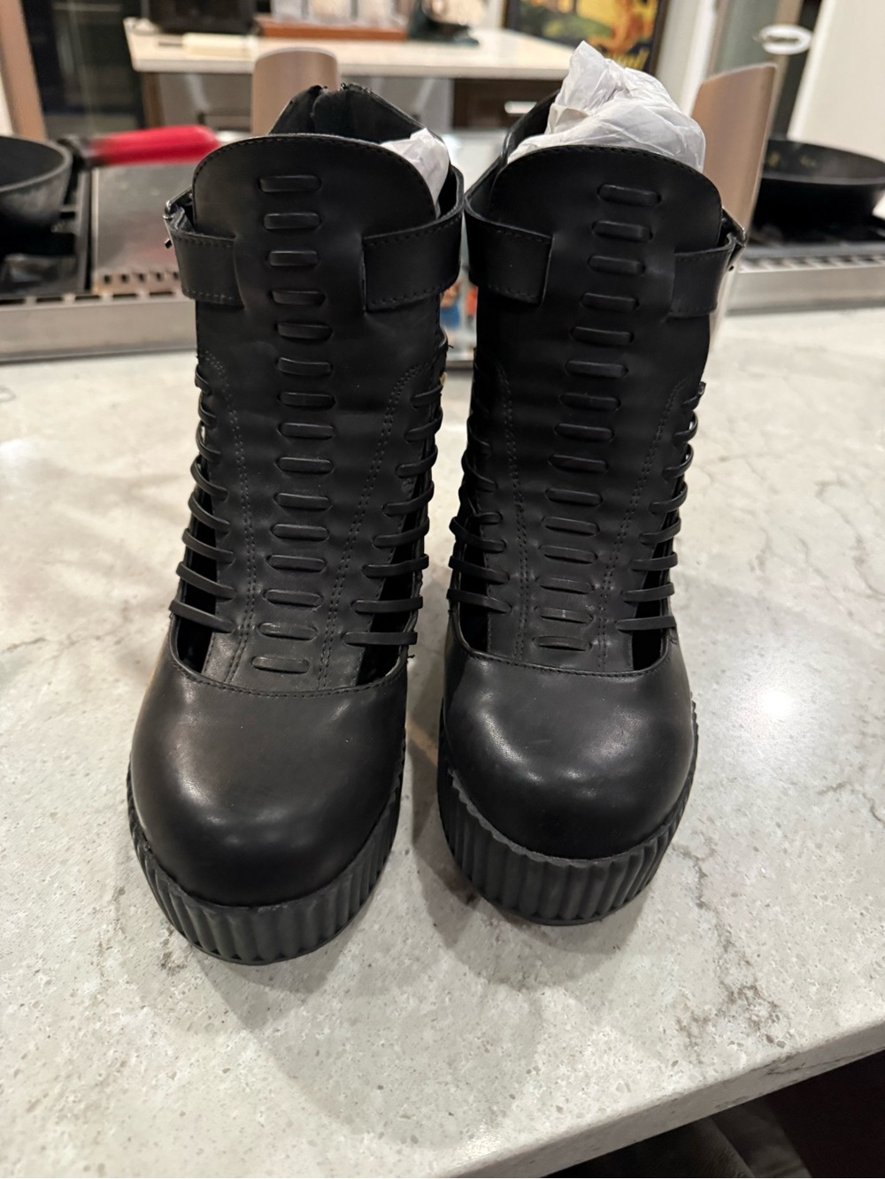tuk Black Ribbed-Platform Lace-Up Ankle Boots with Buckle - Picture 2 of 6